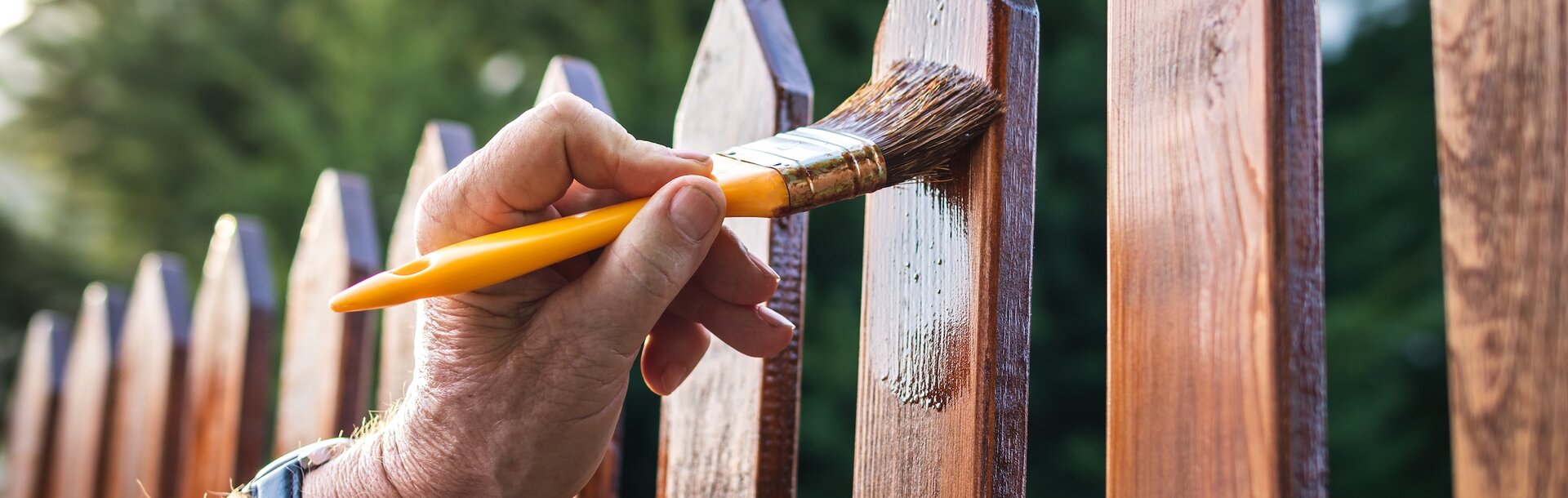 1949836102 | Man painting wood stain at timber plank in garden. Paint protective varnish on wooden picket fence at backyard